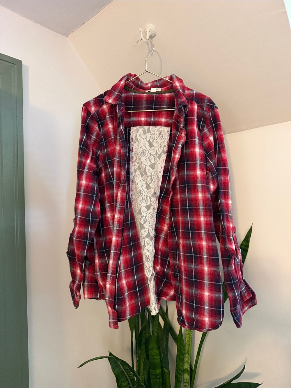Taylor & Sage Red Plaid Button-Down Shirt with Lace Back Panel